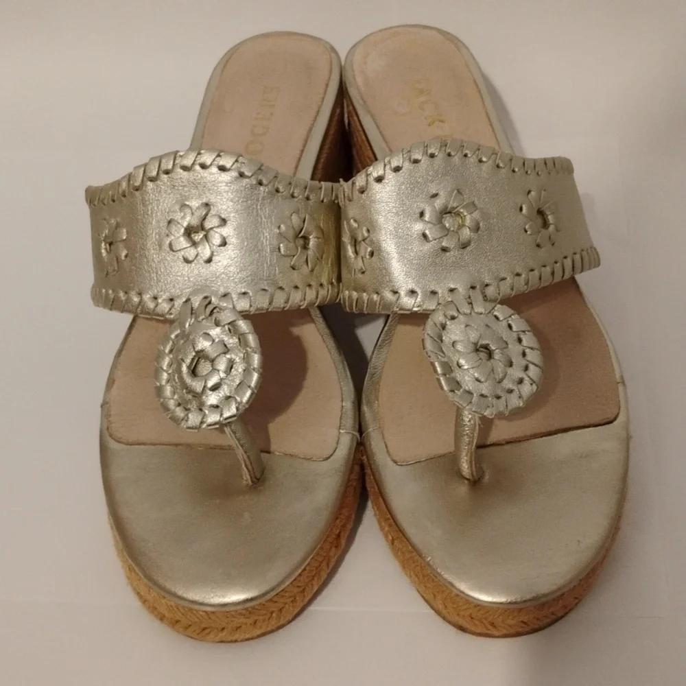 Jack Rogers Sandals Heels Wedge Thong Leather Jute Espadrille Medallion Gold 6 - Picture 3 of 12